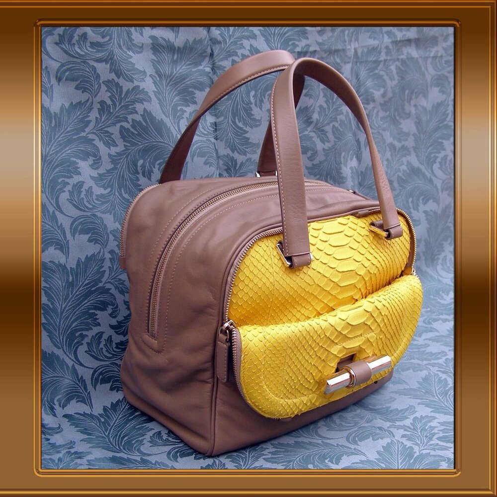 💖 RARE Jimmy Choo Justine Bag Taupe Leather Yellow Python